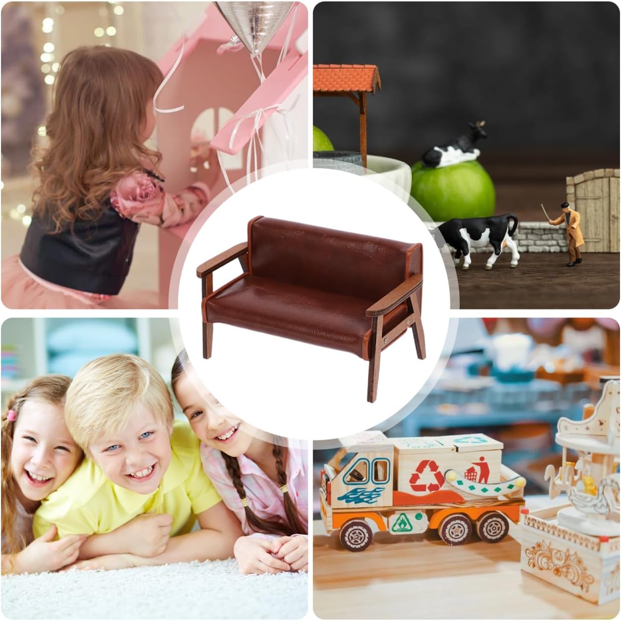 ibasenice Miniature Wooden Sofa Chair - Faux Leather Mini Couch Dollhouse Furniture 1:12 Scale - Realistic Micro Landscape Decor, Brown Small Bench for DIY Crafts, Photography Props and Collectors