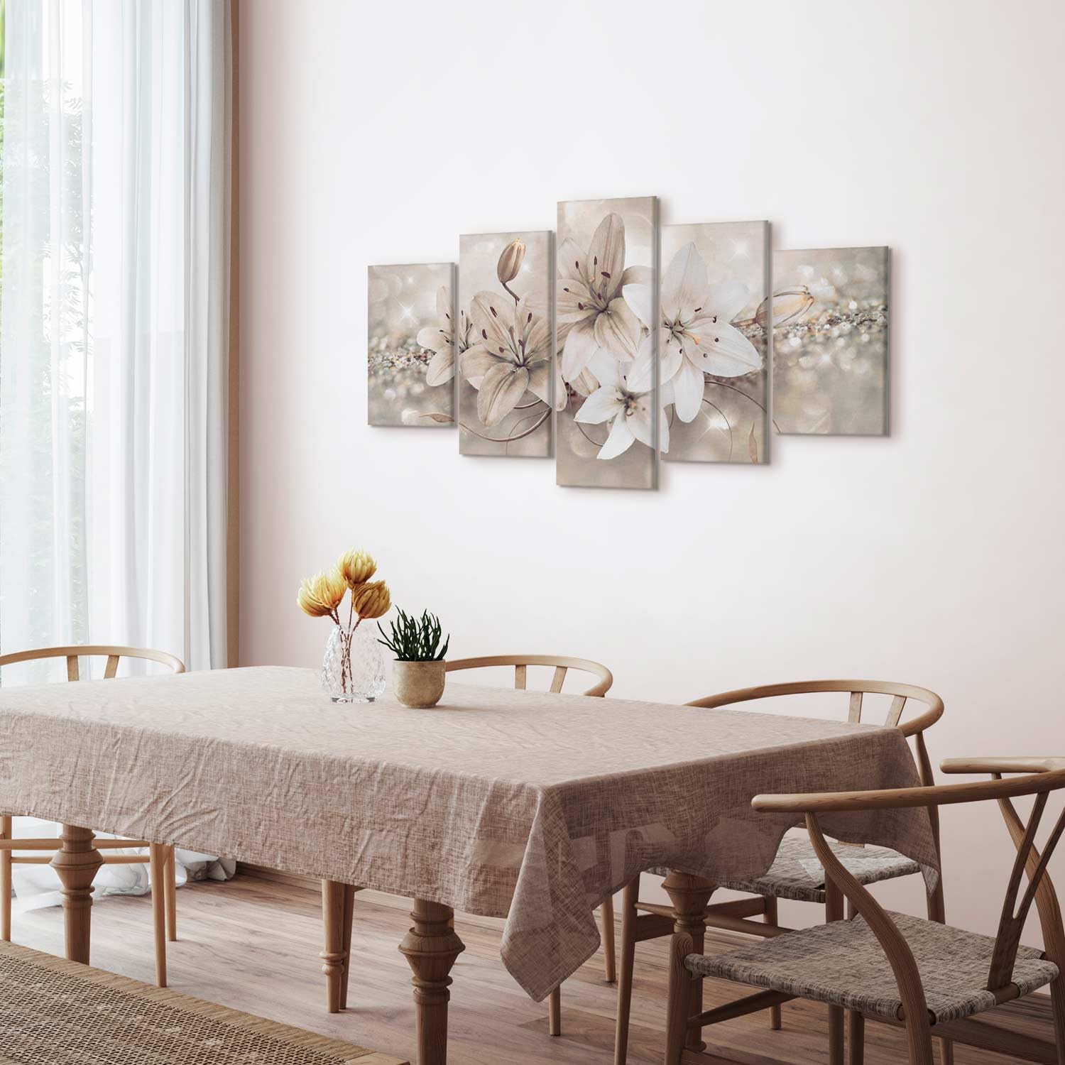 B&D XXL - Quadro Fiori Giglio 150x75 cm 5 pezzi Stampa su tela con Struttura - Quadri Moderni Soggiorno Grandi - Pannelli Decorativi per Pareti Decorazione da parete - Astratto Natura b-A-0297-b-n