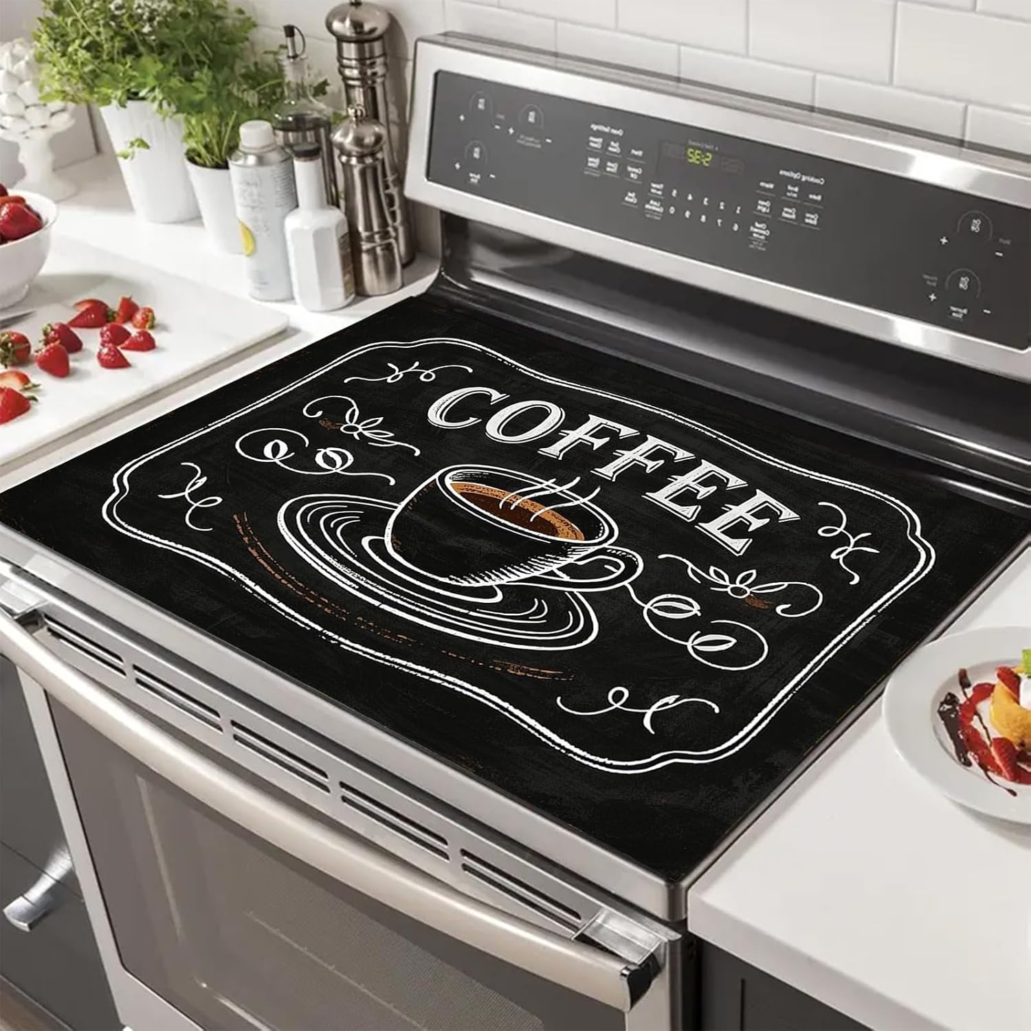 HOMETITUTE Stove Top Covers for Electric Stove 28x20 Inch Heat Resistant Countertop Protector Glass Cooktop Covers Dish Drying Mat RV Range Top Pad Coffee Chalkboard Design