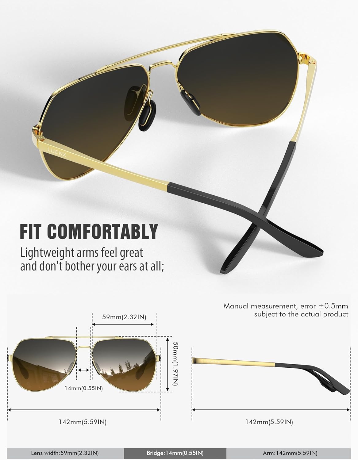 LUENX Aviator Sunglasses for Men Women Polarized New Shades Large Metal Frame - UV 400 Protection - Image 4