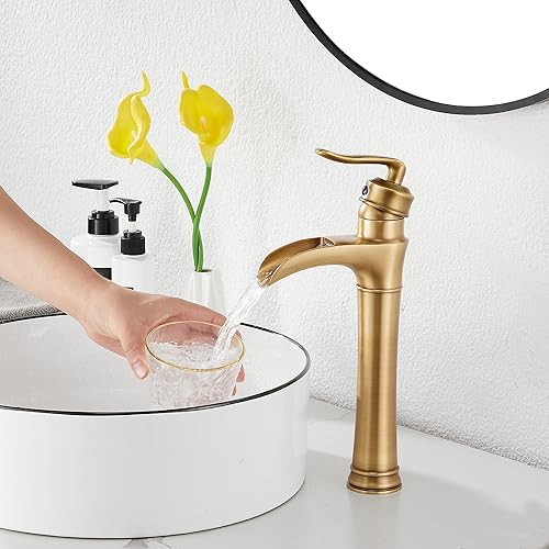 Miniatura 6 de Grifo de baño de cascada de latón antiguo GGStudy con una sola manija de un agujero, grifo de lavabo de baño a juego con drenaje desplegable