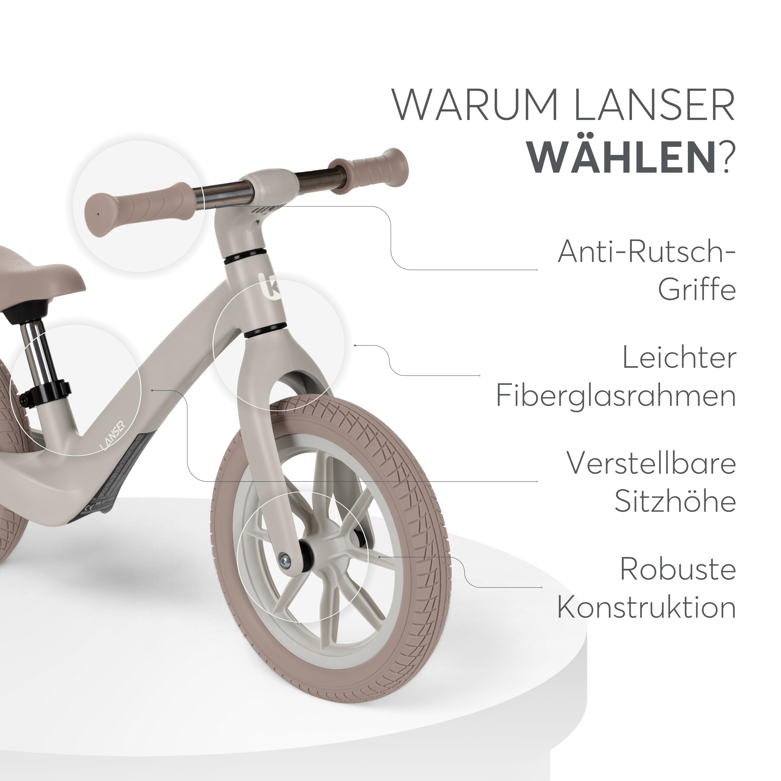 KikkaBoo Laufrad ab 3 Jahre LANSER, Ultraleichtes Balance Bike, 12 Zoll, Verstellbarer Sitz, Fahrrad für Kleinkinder 3-6 Jahre, Beige