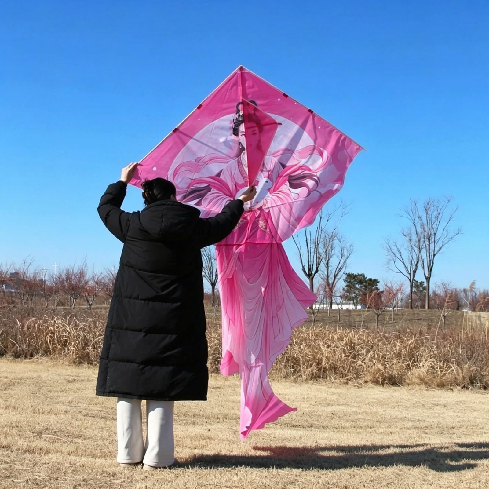 Cometa De Hadas De Estilo Chino, Línea Única con Carrete, Poste De Fibra De Vidrio De Tela De Rejilla para Uso En Exteriores En Parques De Playa(String1181ft,55x71in)