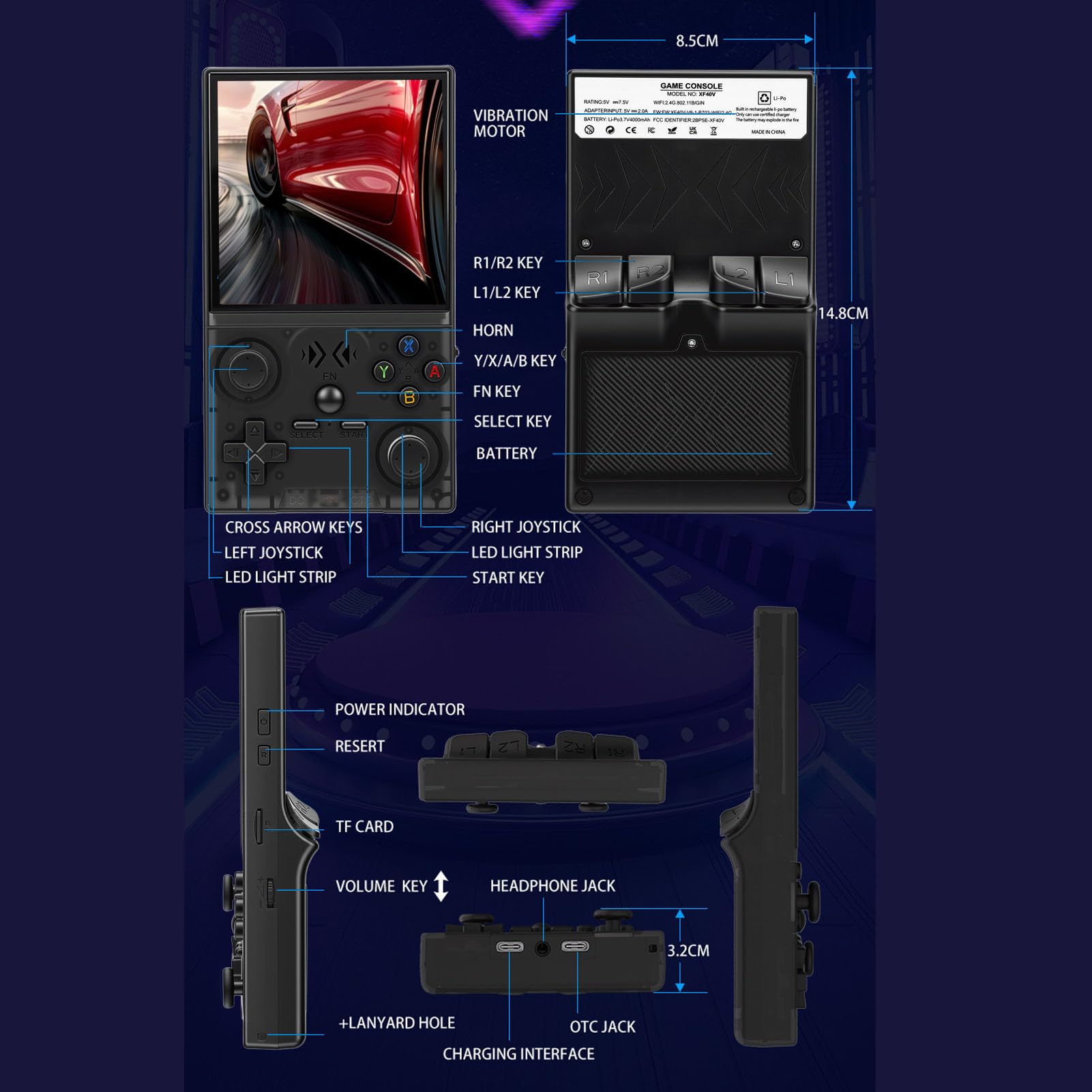 Consola de Juegos Portátil, Consola de Juegos Retro, Pantalla HD de 4 Pulgadas, Compatible con Multijugador, Resolución de 720x720 (64G)
