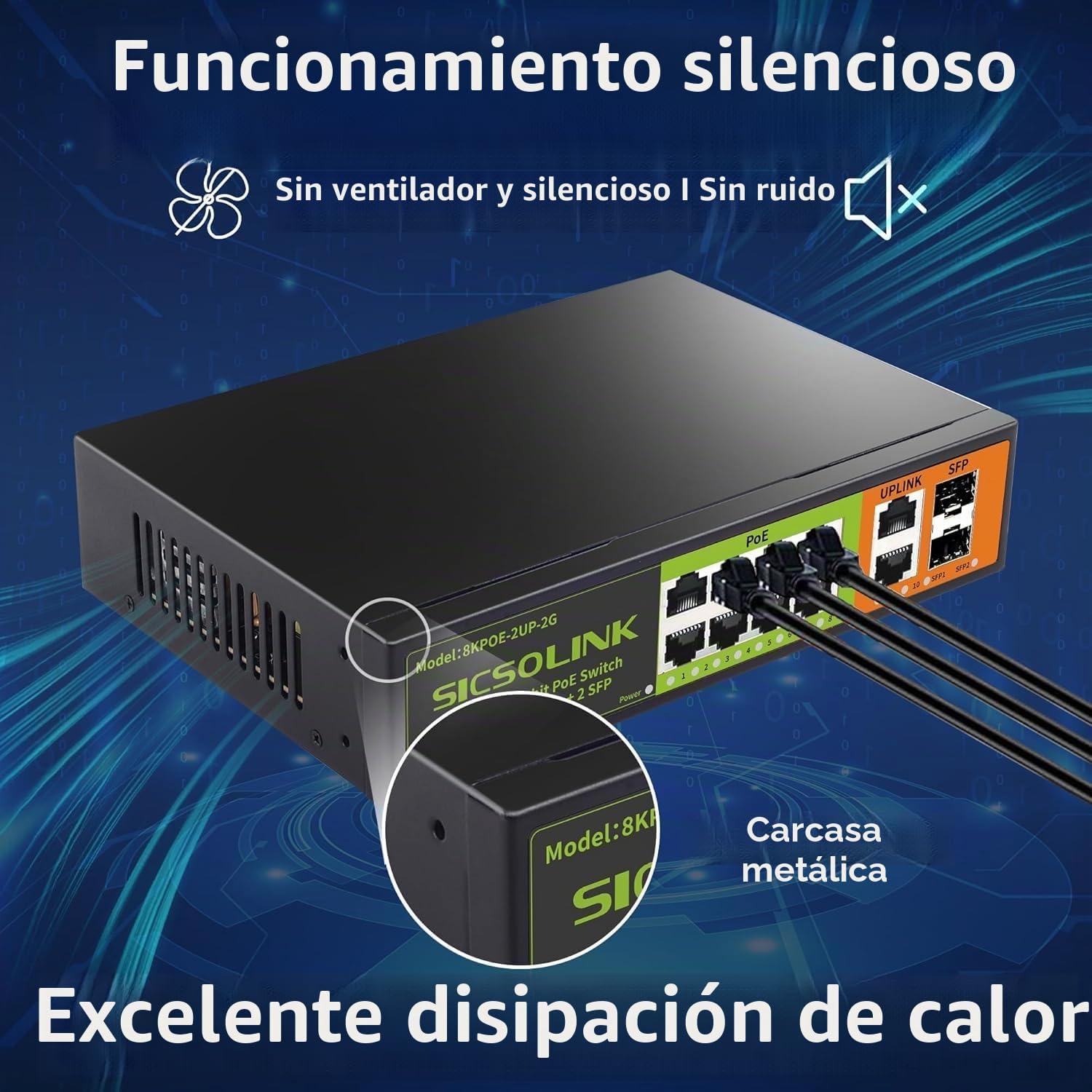 Switch Gigabit PoE+ de 8 Puertos con 2 Uplink y 2 SFP, 1000 Mbps, Ethernet PoE no gestionado, 120 W, Plug & Play, Ideal para Punto de Acceso (Ap) y Cámara de Vigilancia PoE