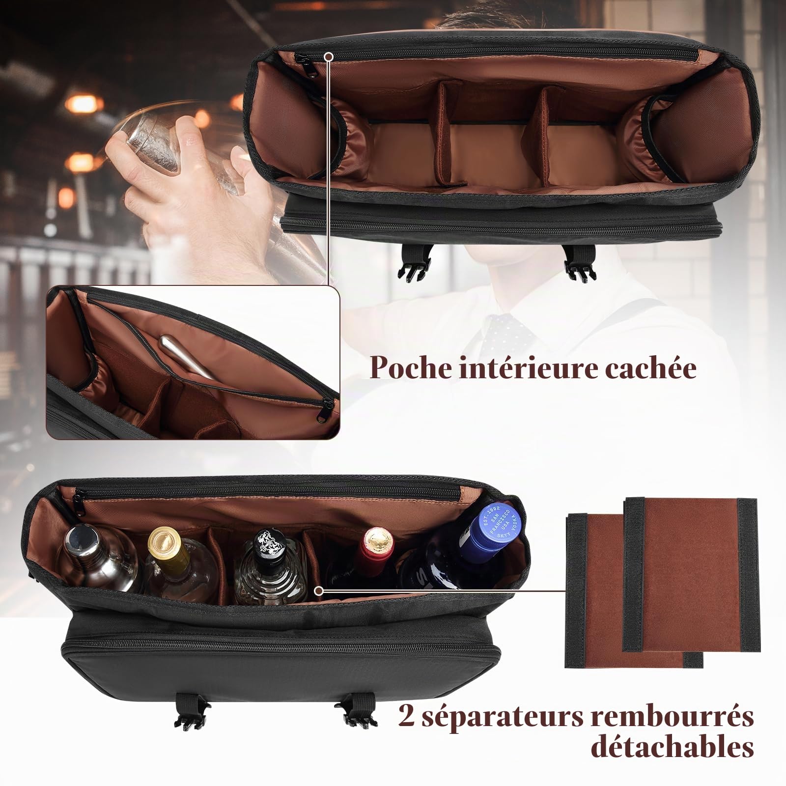 Sac de bartender pour shaker à cocktail, sac messenger avec compartiments rembourrés pour le kit de barman de voyage, sac à outils portable, parfait pour agitateurs à cocktail et shakers de