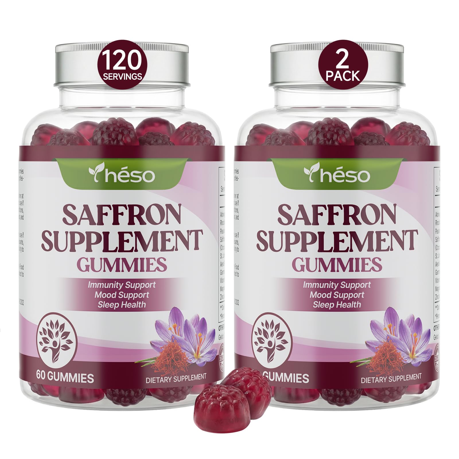 Saffron Gummies with Ashwagandha, Rhodiola & GABA – Sugar Free Mood, Immune & Sleep Support Supplement with Magnesium, Vitamin D3 & Zinc – Calm & Relaxation Blend, 120 Gummies (60 Servings) 60 Count (Pack of 2)