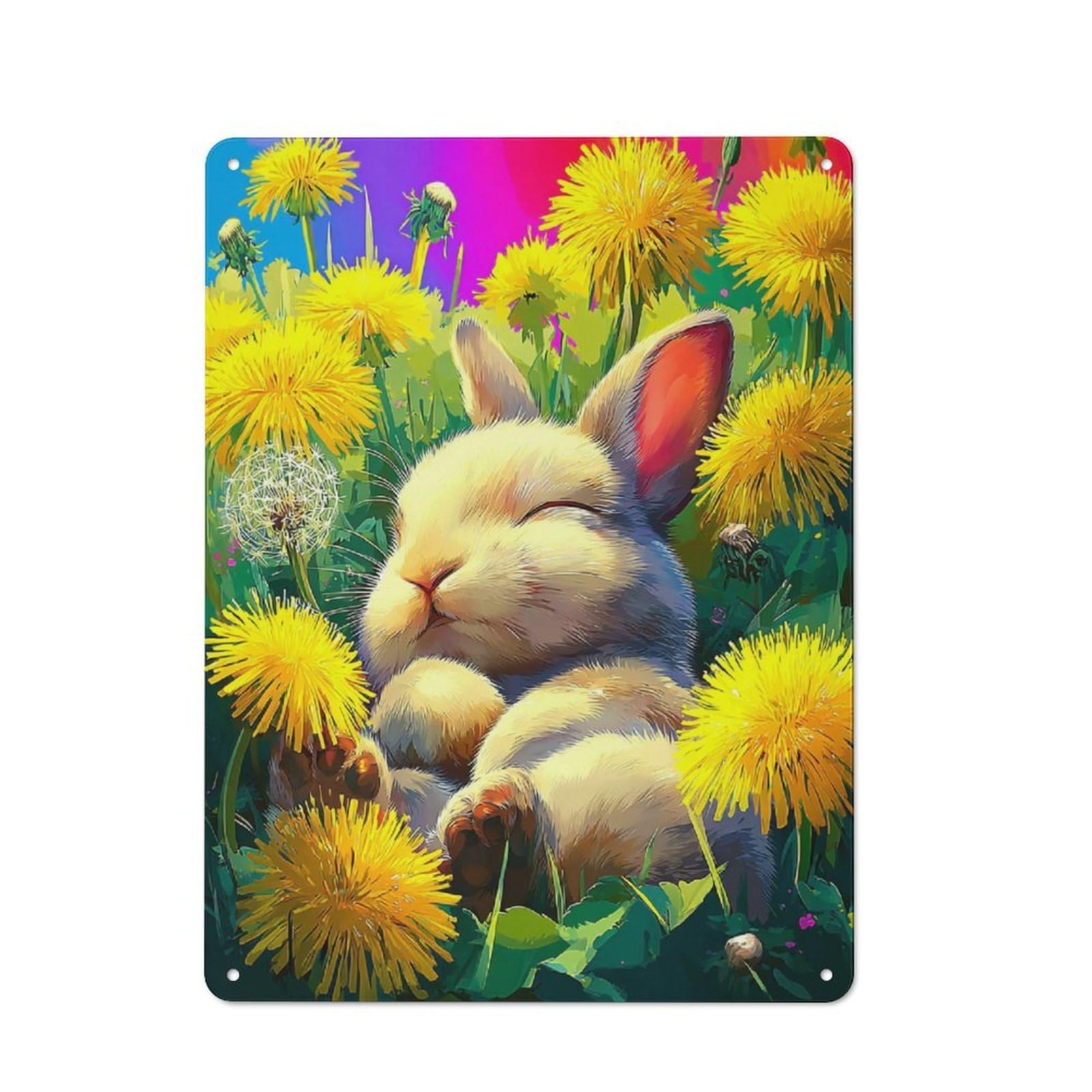 Junmoney Sleeping Bunny In Dandelion Field -4 Metal Plaque With Design 40X30cm, Vintage Bistro Wall Plaque For Coffee Bar, Kitchen, Bistro Or Tea Corner