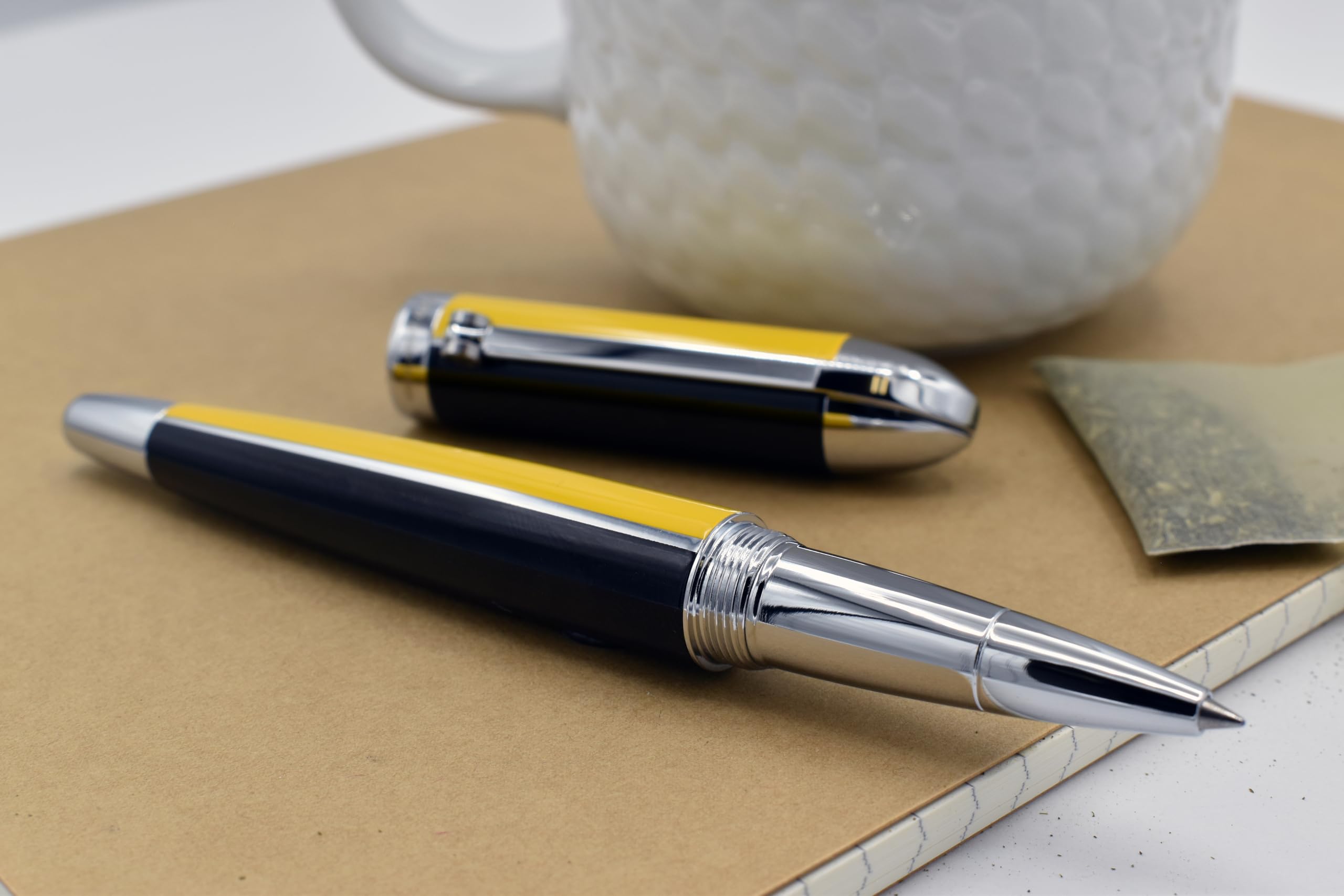 Xezo Visionary Brass and Aluminum Rollerball Pen, Speed Yellow and Black Lacquer. Numbered in Limited Edition of 500. Classic Art Deco Color Disposition, Retrofuturistic Body Style