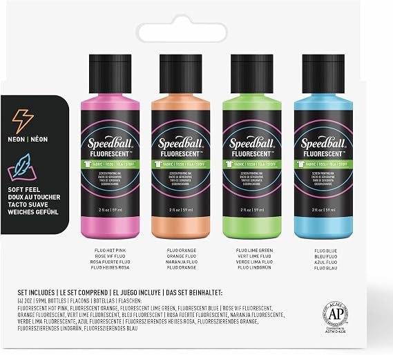 Speedball Fabric Screen Printing Ink Set, 2oz Fluorescent Colors: Hot Pink, Lime Green, Orange & Blue