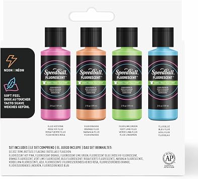 Speedball Fabric Screen Printing Ink Set, 2oz Fluorescent Colors: Hot Pink, Lime Green, Orange & Blue
