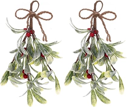 2 PCS Mistletoe Christmas Decor Artificial Mistletoe Christmas Decor Hanging Glitter Leaf Christmas Hanging Ornament for Decor Doorway & Couple