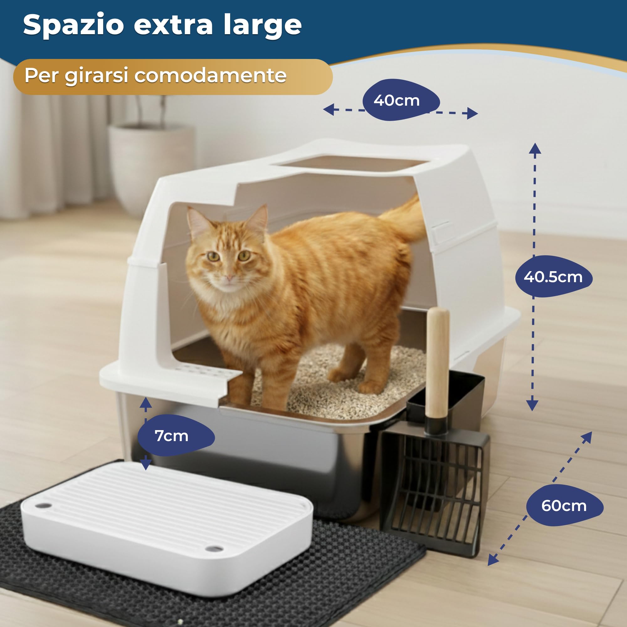 Lettiera per gatti XXL in acciaio inox con coperchio – Toilette chiusa a doppia entrata con gradino, paletta e tappetino – Facile da pulire, anti-odore, per gatti grandi - Beige