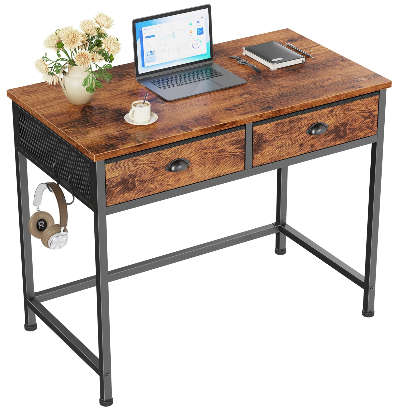Furologee Small Computer Desk with 2 Fabric Drawers for Bedroom,34 Inch Home Office Writing Desk, Vanity Desk with Hooks, Simple Study Desk for Small Spaces, Makeup Dressing Table, Rustic Brown