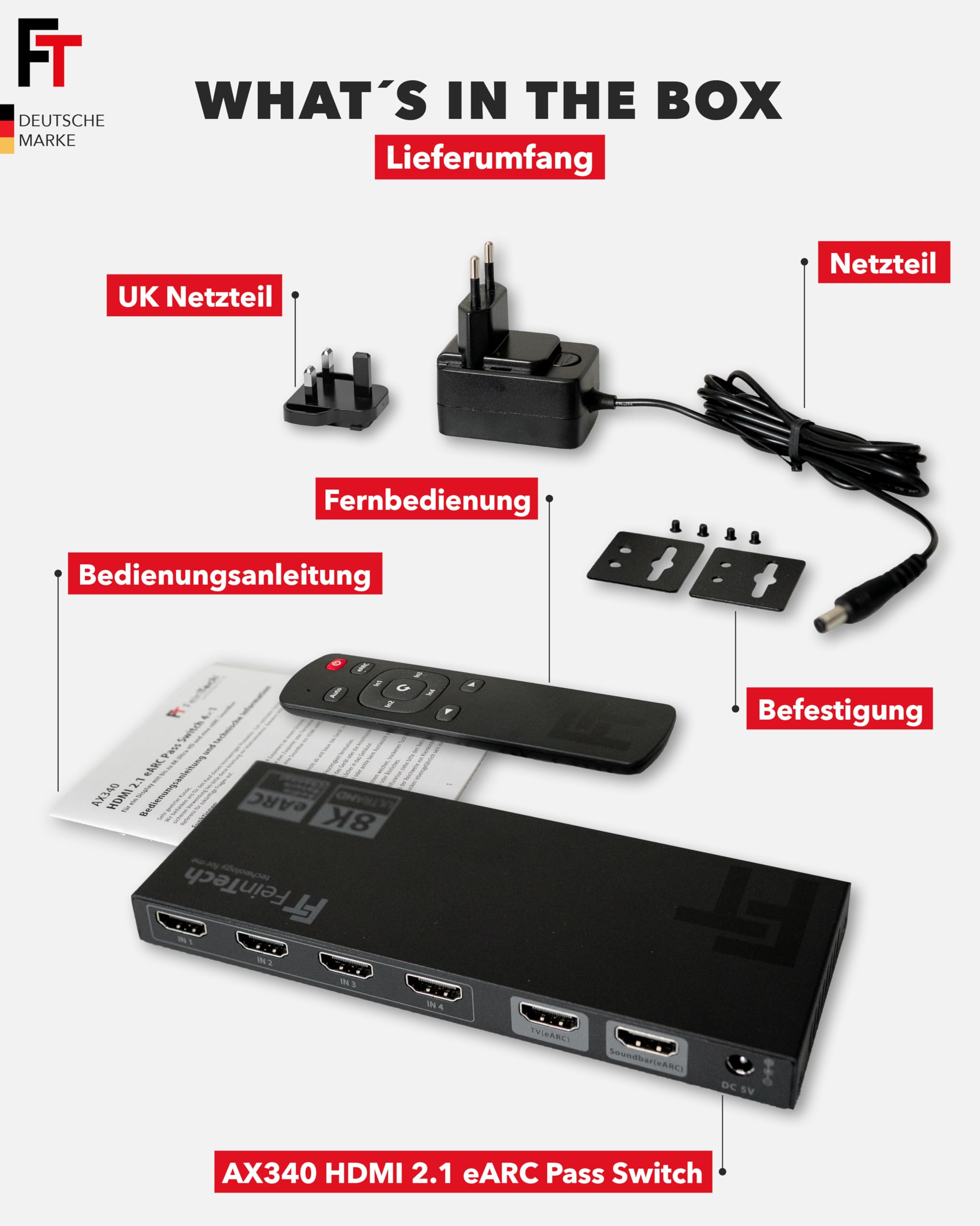 FeinTech AX340 HDMI 2.1 eARC Pass Switch Audio Extractor für eARC-Soundbar - Unterstützt 8K 60Hz, 4K 120Hz, VRR, ALLM, Dolby Atmos, DTS - Audio Splitter für Soundsysteme mit eARC und ARC (4 Inputs)