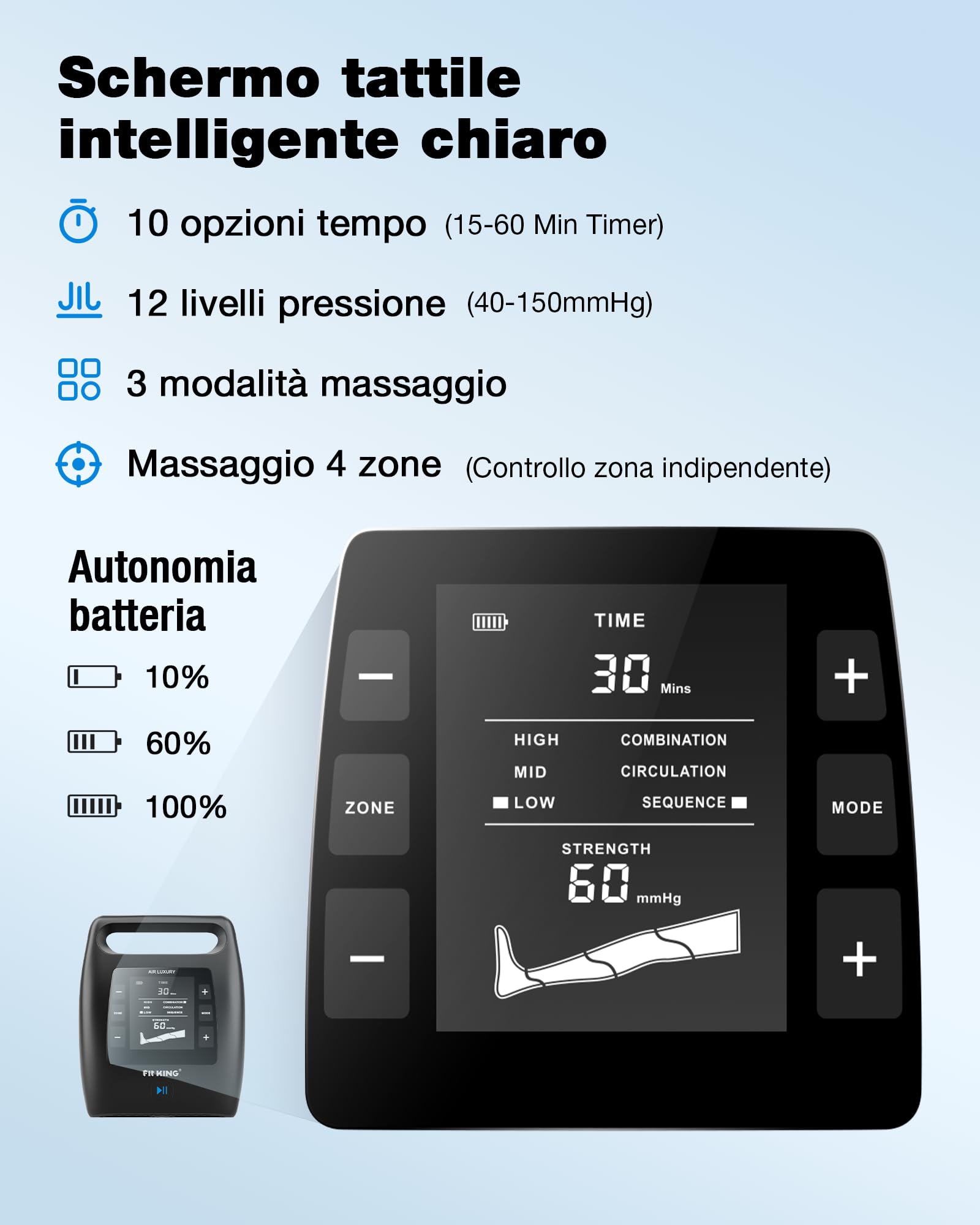 FIT KING Massaggiatore per Gambe con Controllo 4 Zone, Ricaricabile, Stivali a Compressione d'Aria per Recupero e Rilassamento Muscolare Profondo Portatile Senza Fili 12 Intensità 3 Modalità (S)