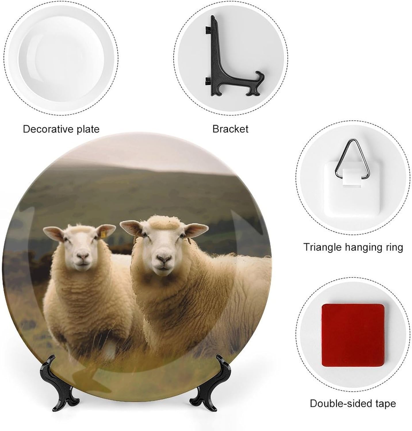 Two White Sheep Bone China Decorative Plate with Display Stand, Ceramic Ornaments Plate for Wall Hanging, Personalized Porcelain Plates for Office, Living Room 10inch