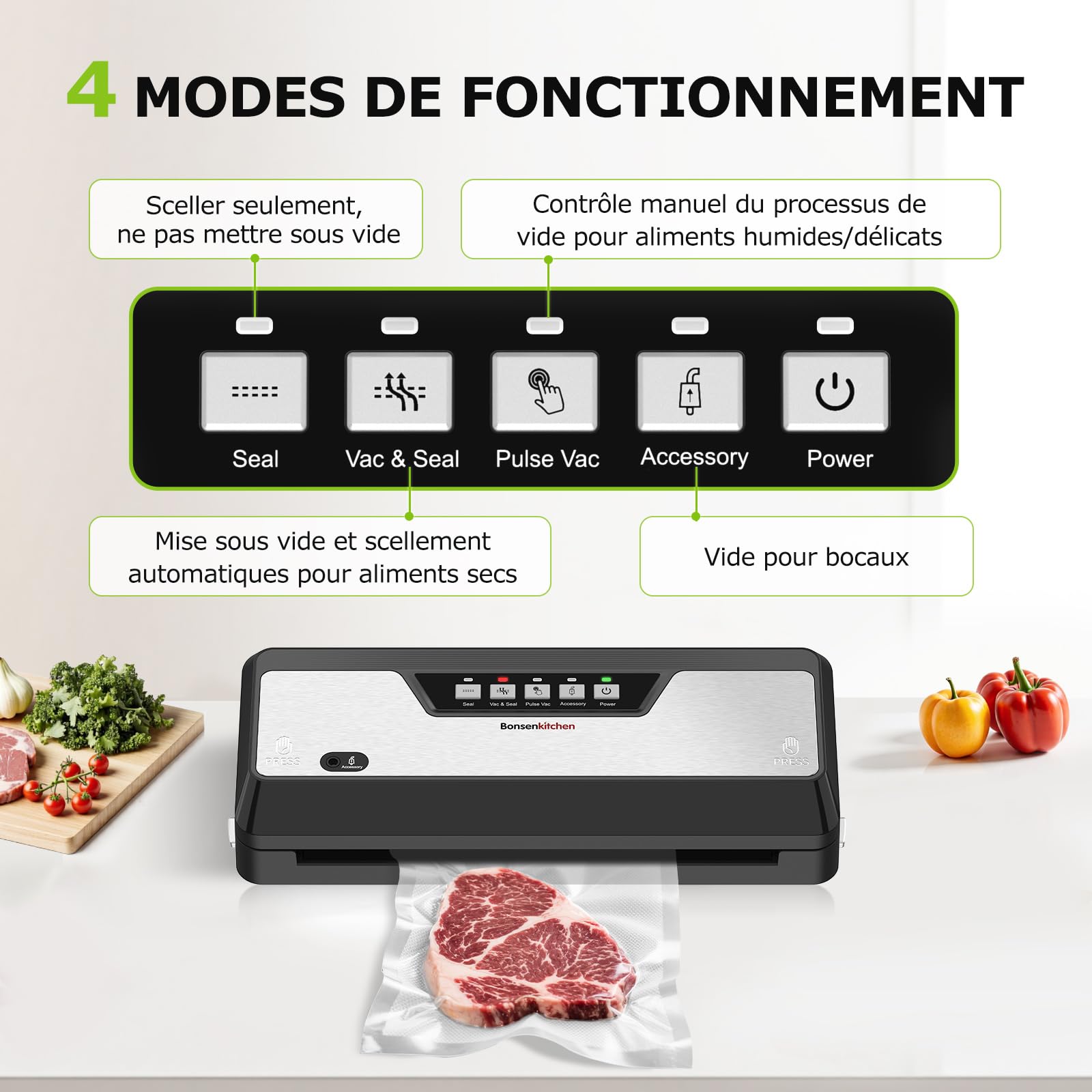 Bonsenkitchen Machine sous vide avec coupe-sac intégré, rangement, 1 rouleau et 5 sacs prédécoupés, pour cuisson sous vide, Noir