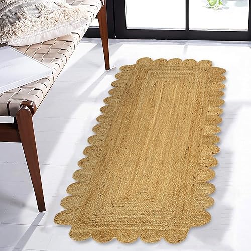 Miniatura 9 de GRUHUM Alfombra de yute festoneada de 2 pies 6 pulgadas x 4 pies de fibra natural, rectangular, bohemio, reversible, tejida a mano, suave, rústica,