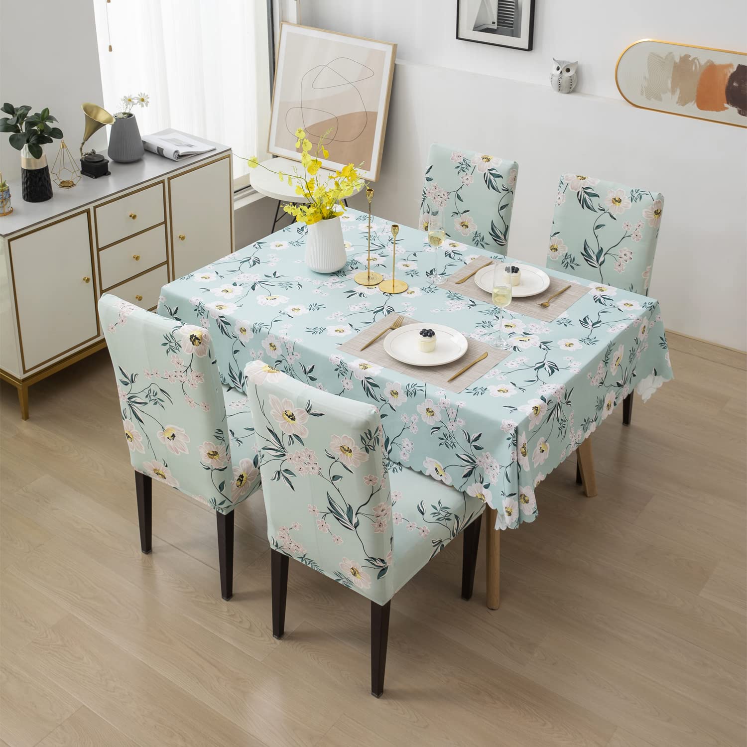 House of Quirk Polyvinyl Chloride (PVC) Dining Chair Cover with Rectangular Table Covers for Kitchen Waterproof Dining Table Cloth (Pastel Green Flower, 1 Table Cover + 4 Chair Cover)