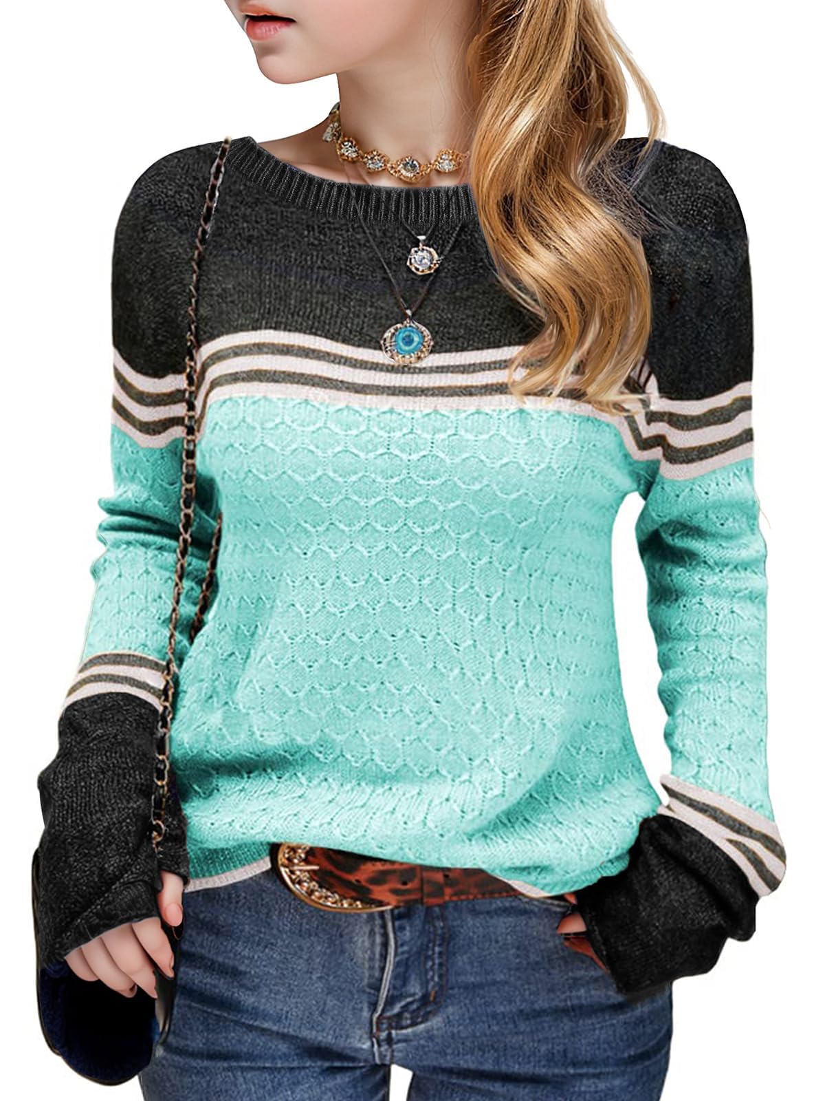 Seiciviy Girls Winter Sweaters Long Sleeve Round Neck Color Block Striped Casual Loose Lightweight Fall Spring Cozy Tops