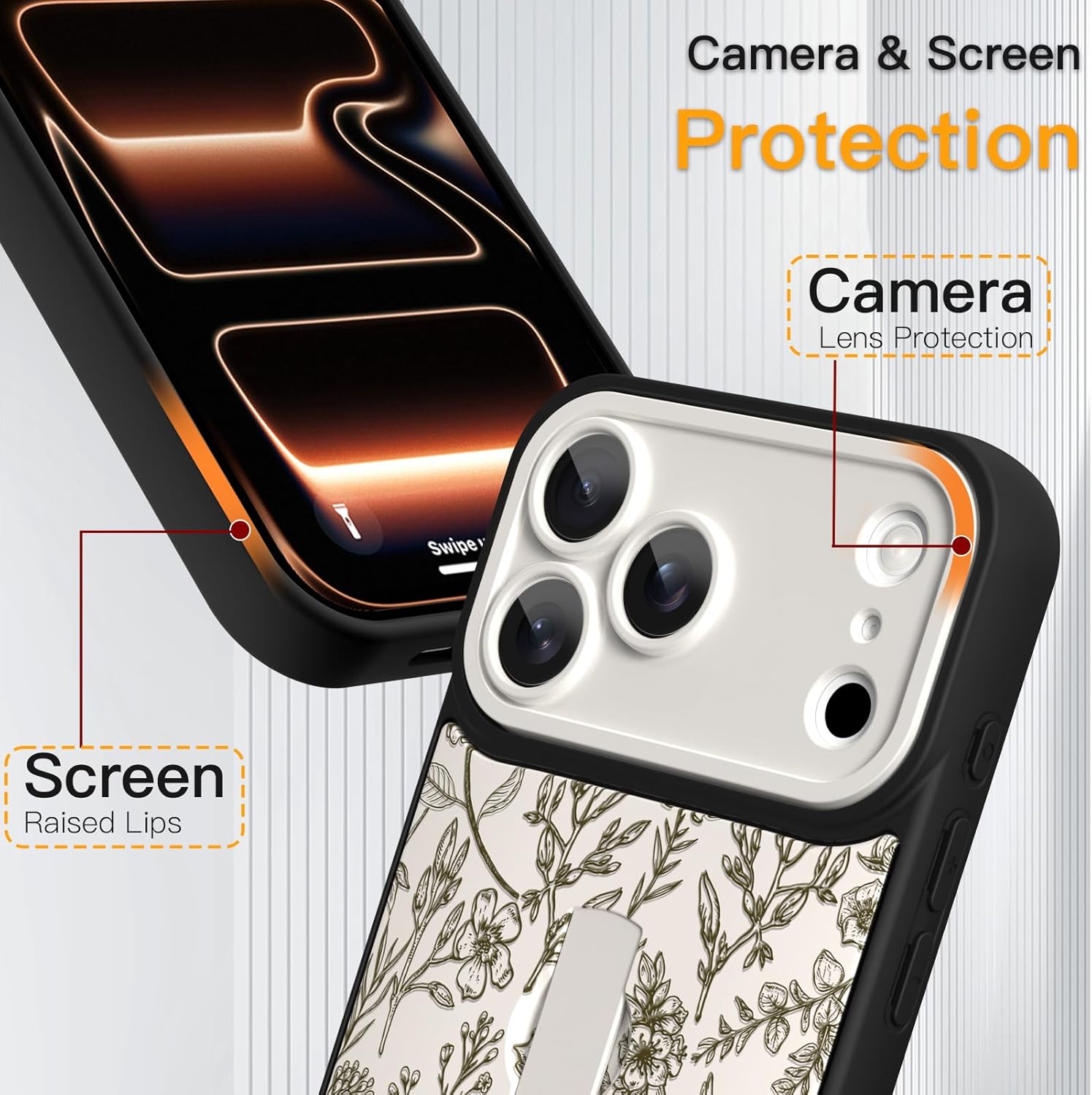 SOKAD for iPhone 17 Pro Max Case with Finger Strap Kickstand, Vintage Sage Floral Flower Phone Case with Finger Hand for Women Girls, Slim Full Camera Protection Shockproof Cover, Beige - Image 3