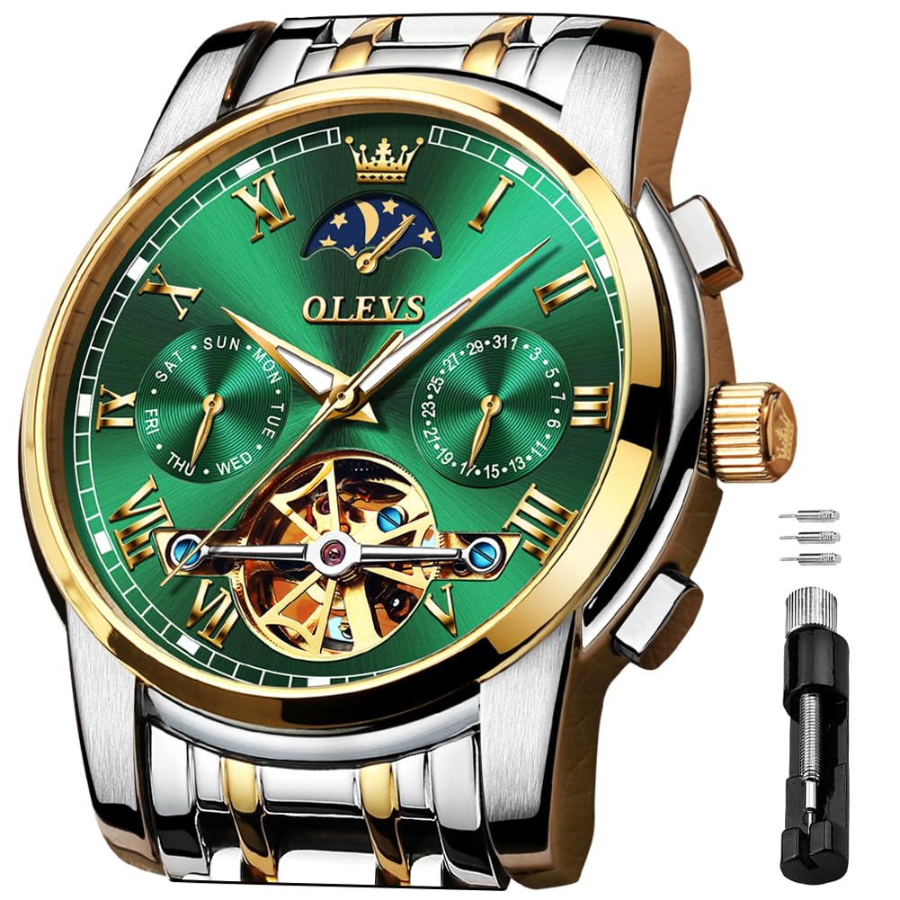 OLEVSMen's Automatic Mechanical Watches Luxury Dress Waterproof Self Winding Moon Phase Chronograph Stainless Steel Luminous Date Tourbillon Wristwatch for Men