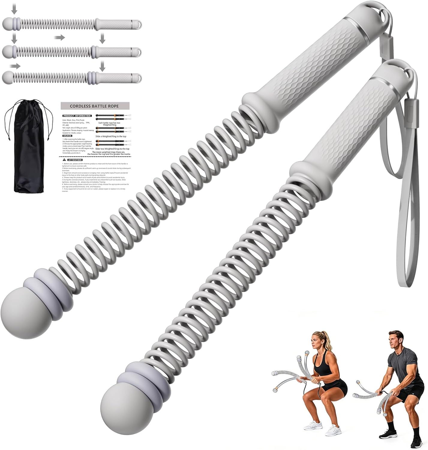 Adjustable Ropeless Battle Ropes, Portable Cordless Battle Ropes for Home Gym, Workout Equipment Exercise Rope for Low-Impact Workout, Strength & HIIT, for Men & Women (Grey)