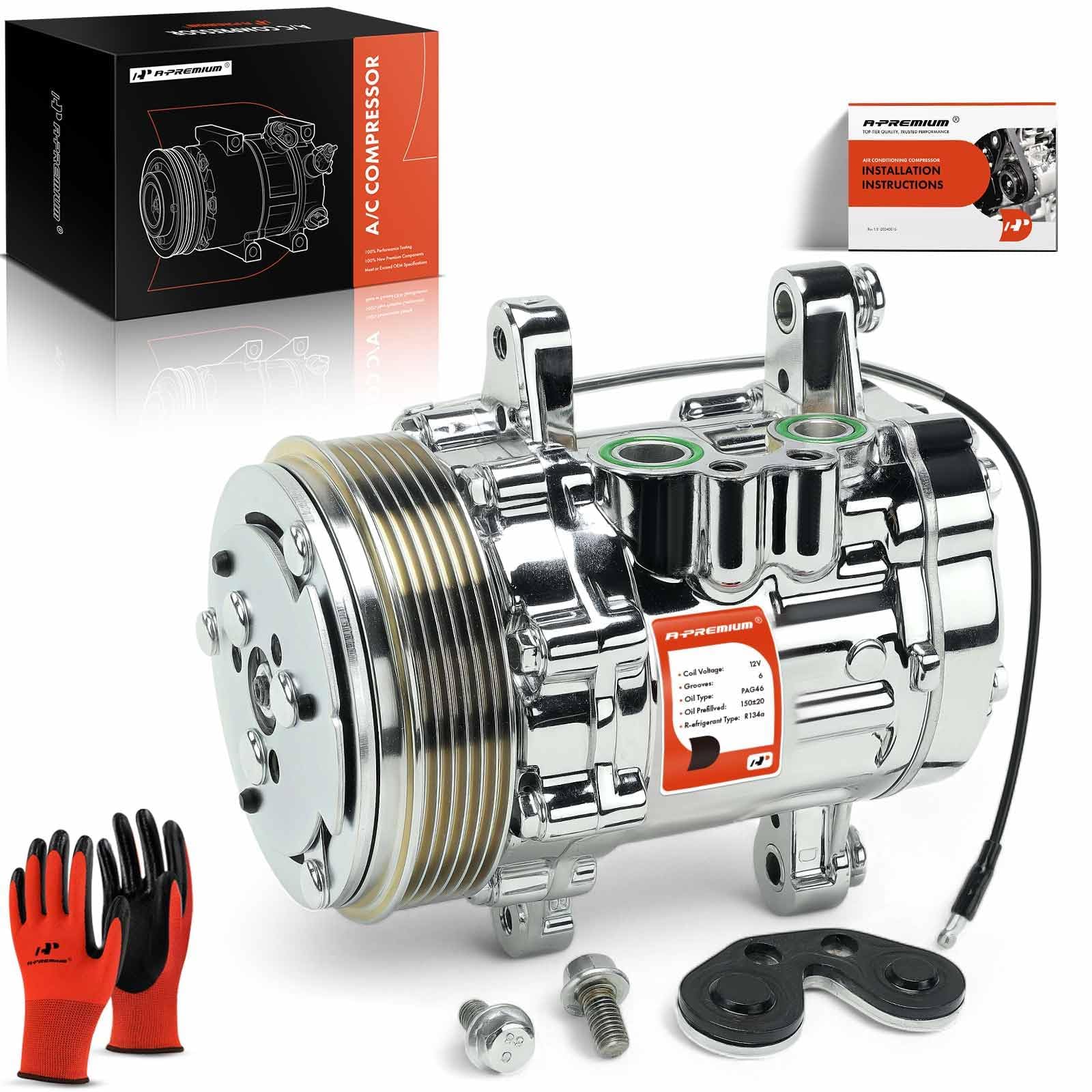 Photo 1 of A-Premium Fit for Sanden SD-7 Mini 6PK Style, Universal A/C Compressor with Clutch, 6 Groove Serpentine Belt, Chrome Plated Aluminum Housing