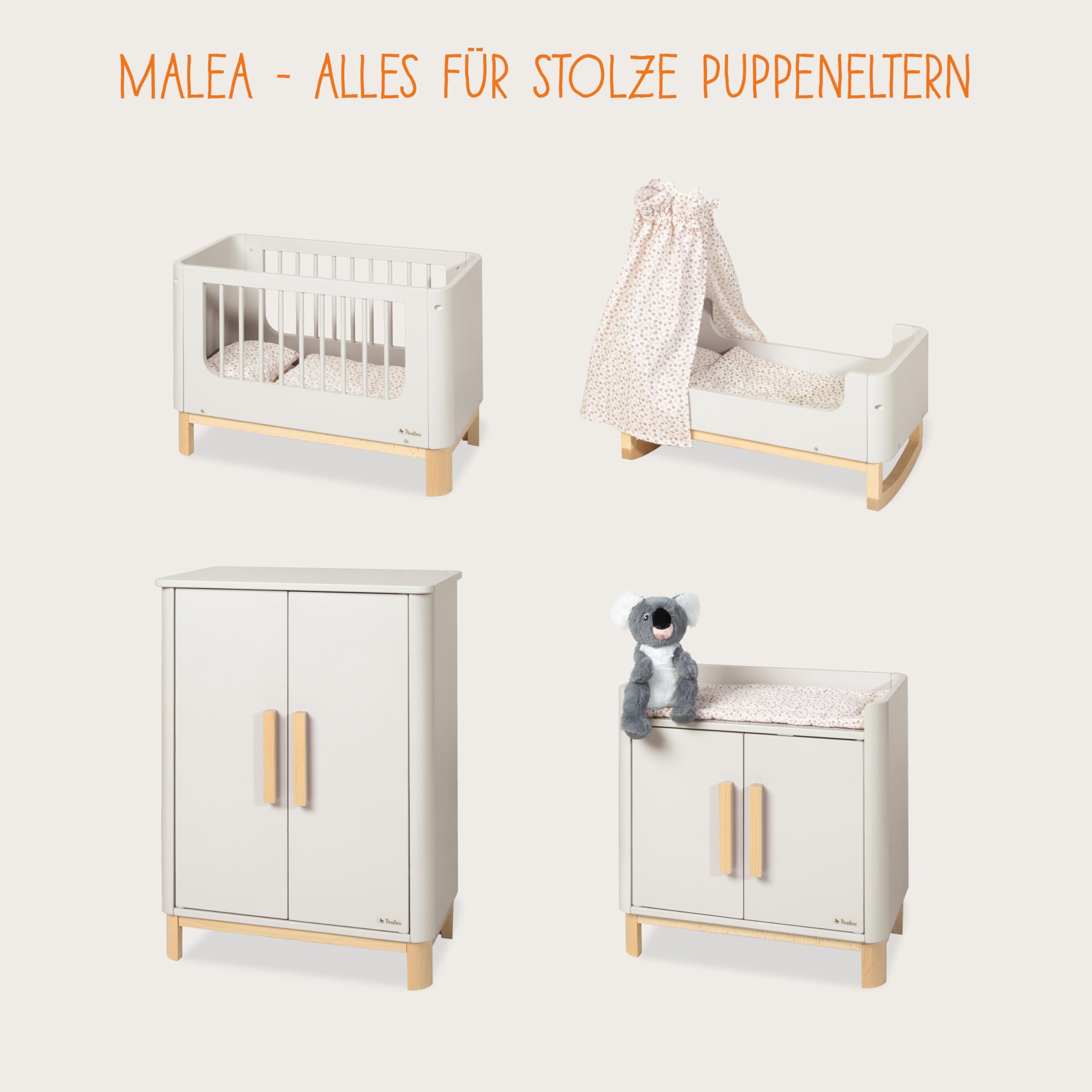 PINOLINO Puppenbett Malea aus Holz mit Bettzeug 4 Teilig - Puppenbettchen mit Matratze, Kissen und Decke, Bett für Puppen und Kuscheltiere, Puppenbett Spielzeug für Mädchen und Jungen, ab 3 Jahren