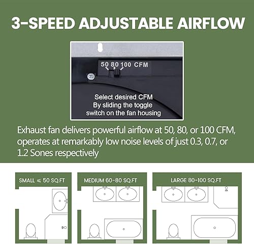 Miniatura 3 de Akicon Extractor de baño con luz, motor de CC de 50-80-100 CFM, luz LED de 1.2 Sones 3CCT 2700K4000K5500K con luz nocturna de 7 W, ventilador de