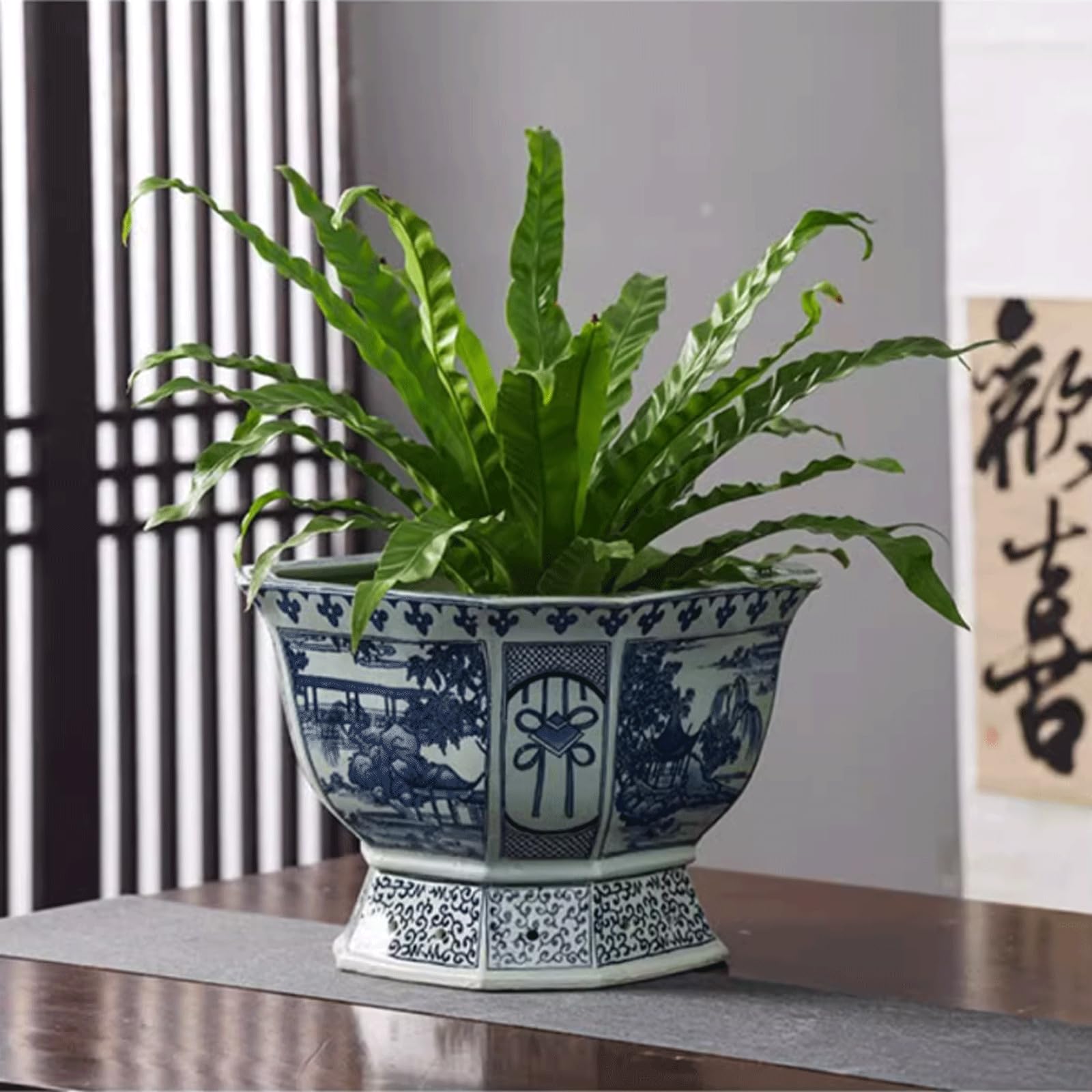 Niebieski i biały sześciokątny kwiatowy porcelanowy doniczka Chinoiserie Jingdezhen ceramiczna doniczka z otworem drenażowym chiński azjatycki design doniczka do wewnątrz i na zewnątrz