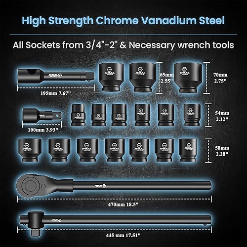 Miniatura 2 de Anbull Juego de dados de impacto jumbo de 34 pulgadas, surtido de 21 piezas de enchufes poco profundos, tamaños SAE estándar de 6 puntos (34