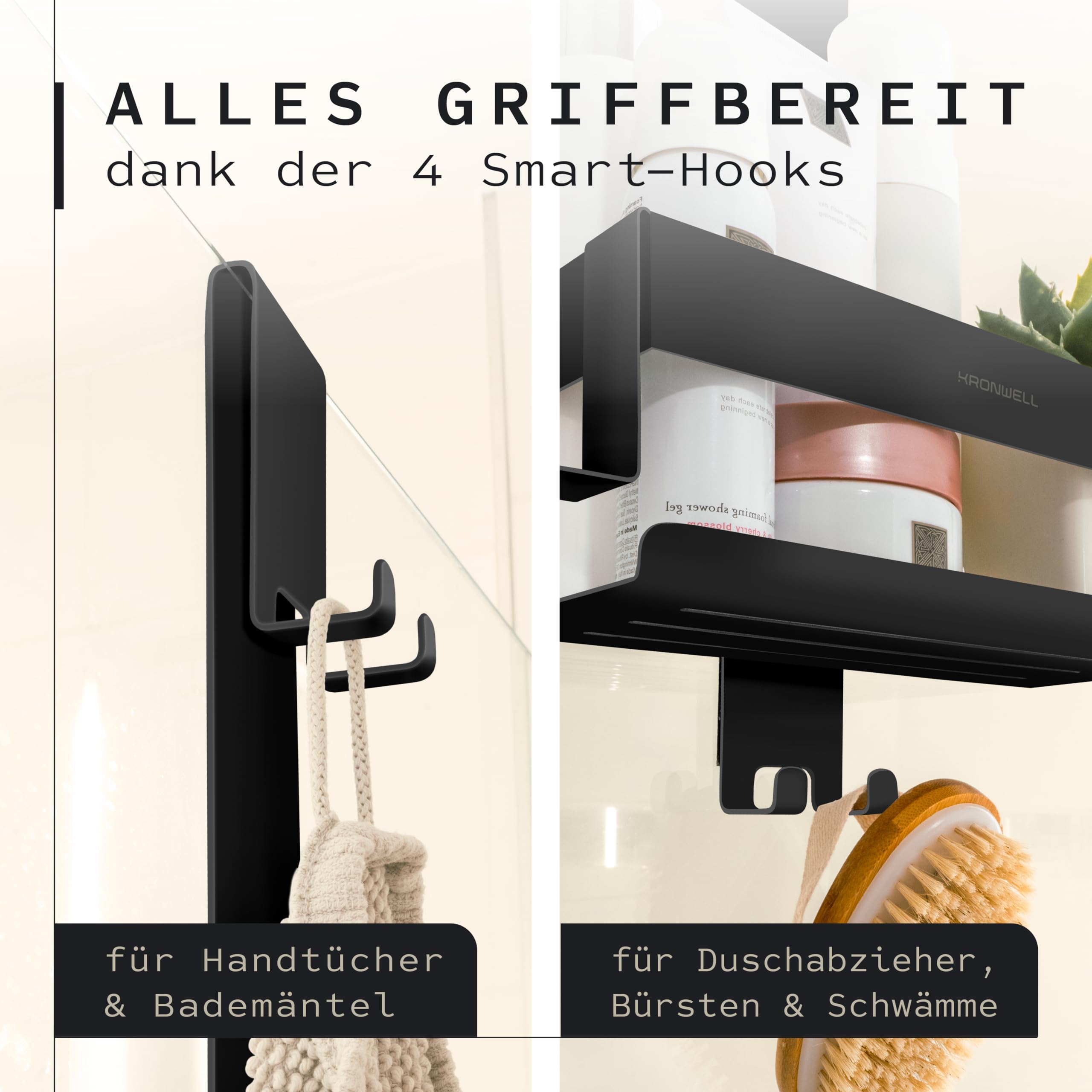 Duschablage zum Hängen - rostfrei + 2 zusätzliche Haken - Duschregal zum Hängen - Duschkorb hängend Edelstahl - Shampoo Halterung für Dusche - Schwarz Matt