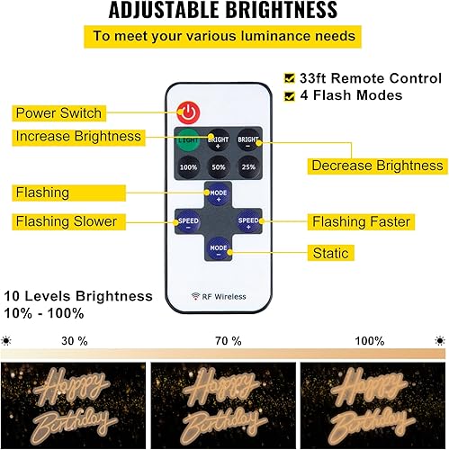 Vista 3 de VEVOR Letrero de neón de feliz cumpleaños, 16.5 x 8 pulgadas + 23 x 8 pulgadas, luces de neón LED, brillo ajustable con control remoto y adaptador