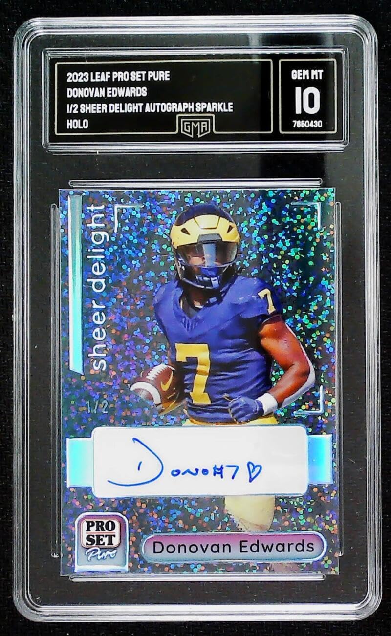 2023 Pro Set Pure Autograph #SD-DE1 Donovan Edwards RC Rookie AUTO 1/2 Michigan Football Trading Card Graded GMA 10 (GEM MINT)