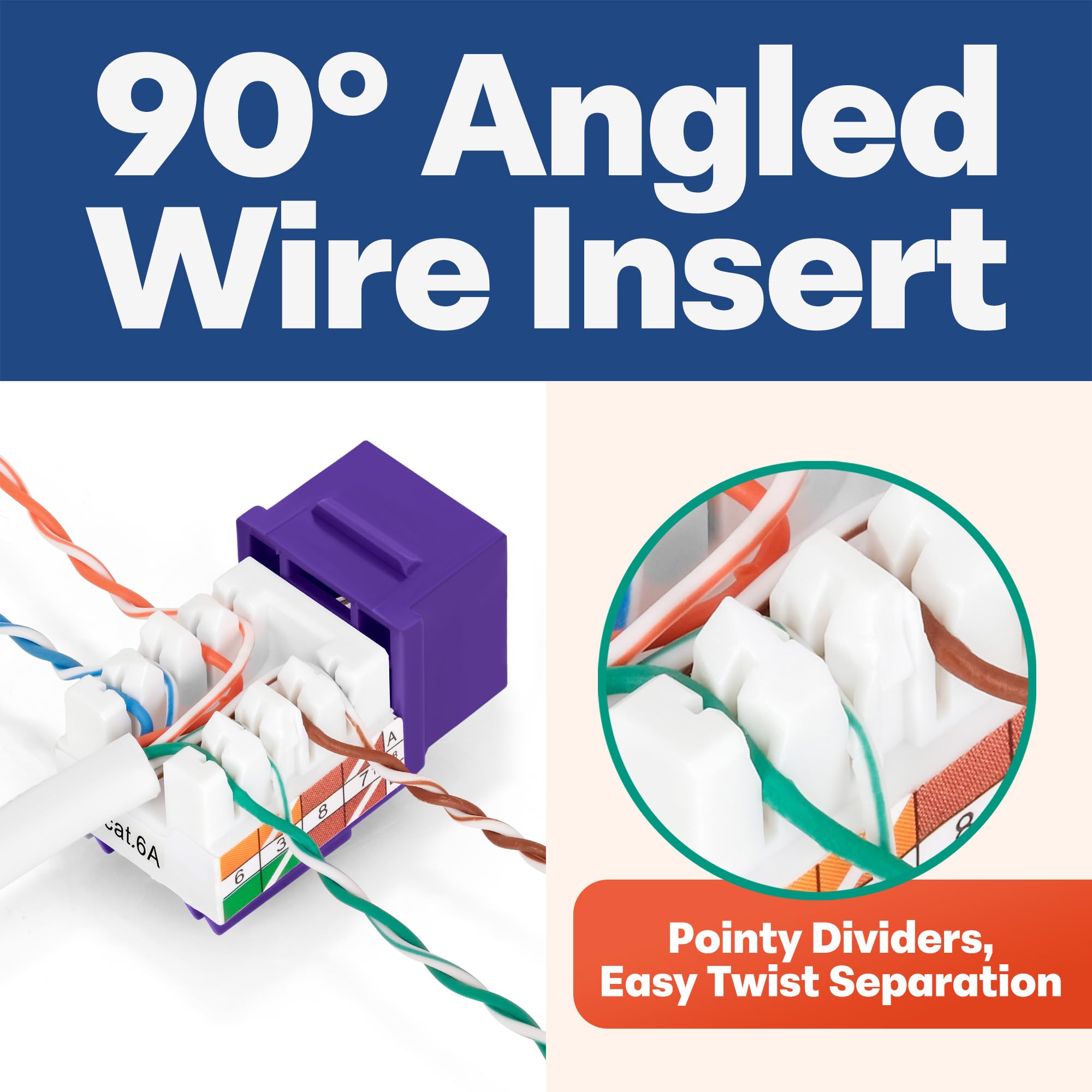 Everest - Conectores Keystone RJ45 Cat6A de 90 grados, perfil delgado, paquete de 50, color morado | Compatible con herramienta de terminación de velocidad en ángulo de 90° - easyJACK (B094WB91H3)