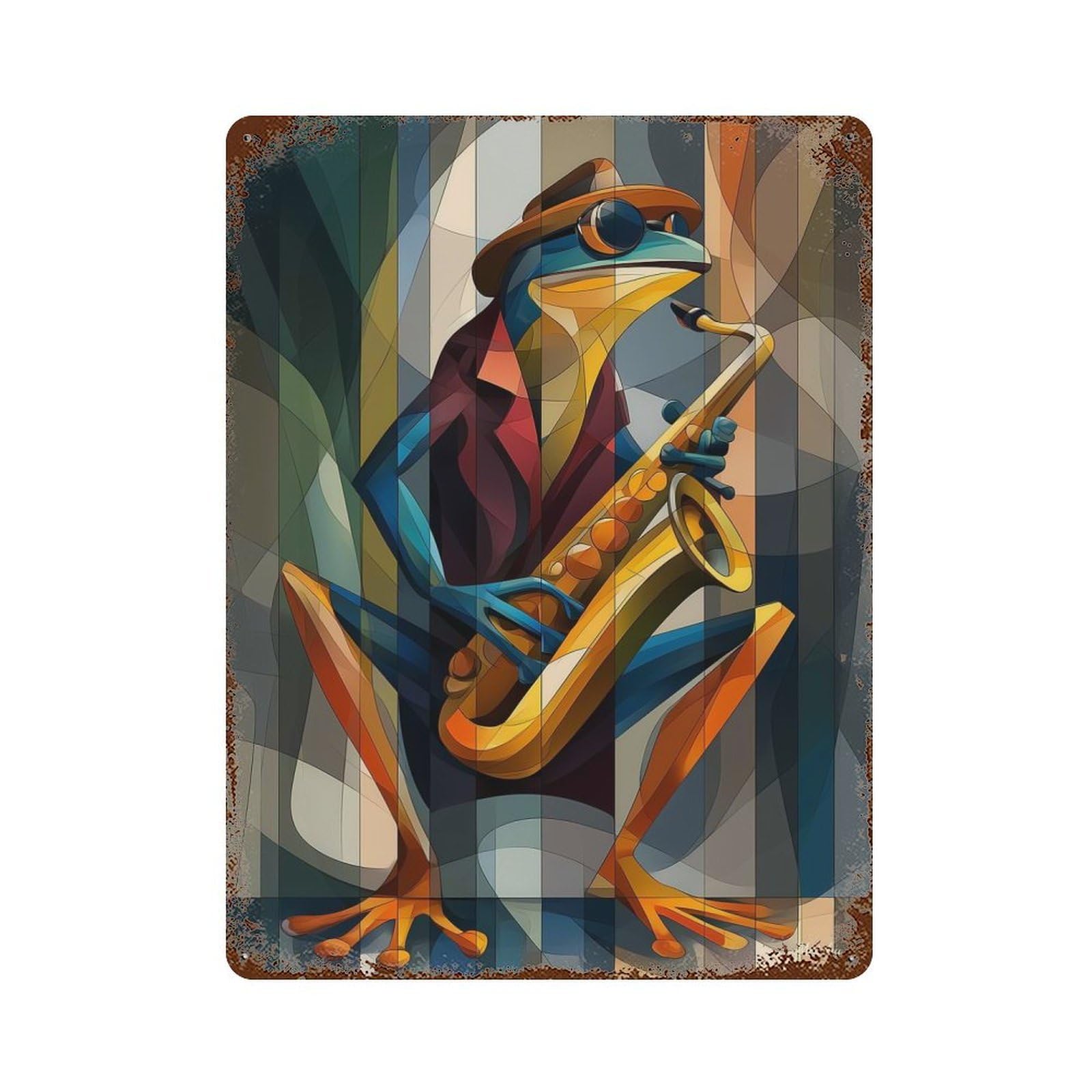 Jazz Toad – Sax & Swagger in Cubist Color Decorative Tin Sign 15.7"x11.8", for Farmhouse, Kitchen And Entryway Decor, Shabby Chic Decor