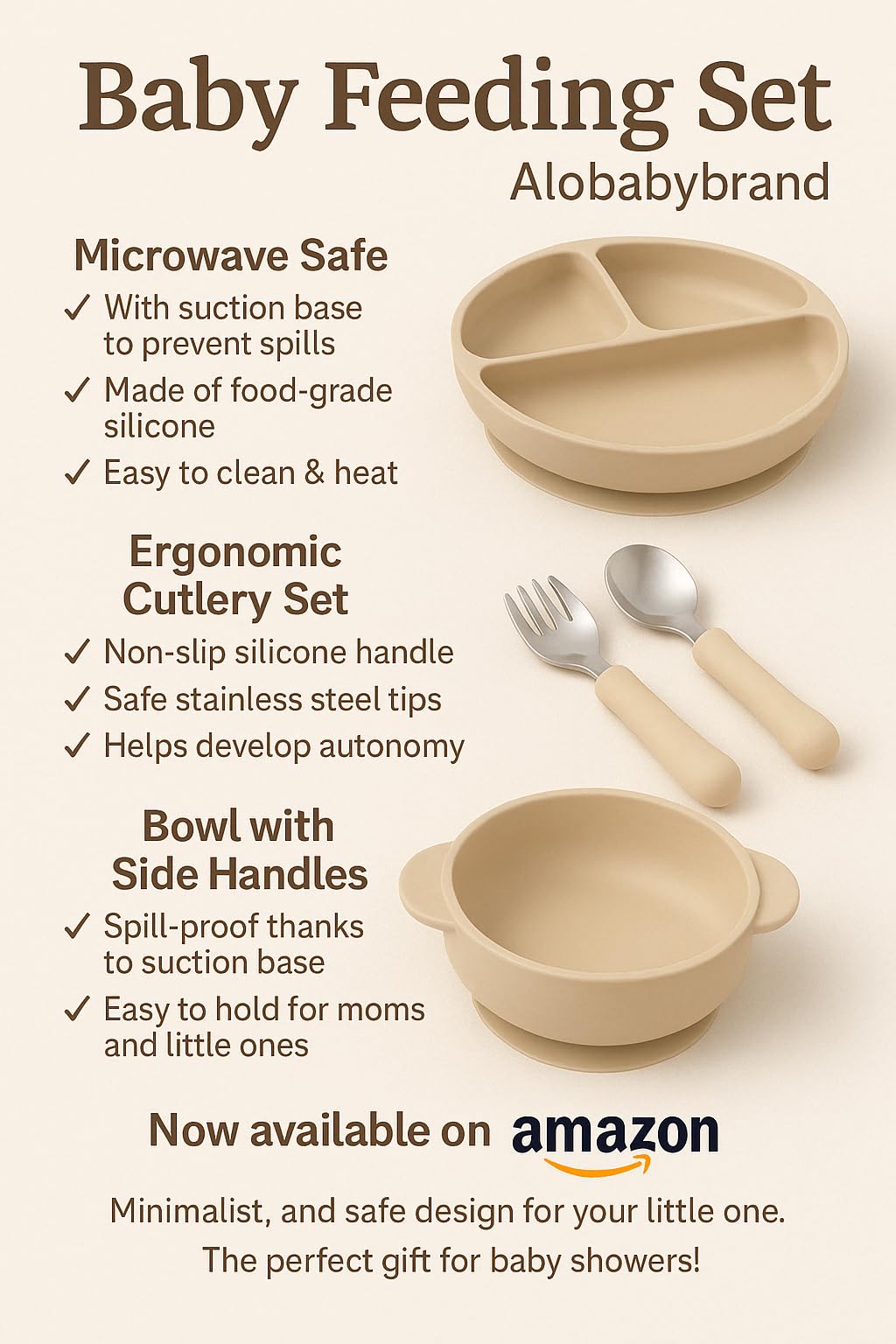 ALOBABYBRAND Baby Silicon Feeding Set (Beige), Medium, ABB_FS_001