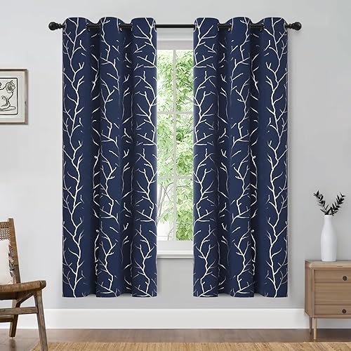 Miniatura 2 de BUHUA Thermal Insulated Curtains Blackout Grommet Thermal Insulated Shinny Tree Branches Print Curtain for Bedroom, Navy Blue, 38W x 72L, Set of 2