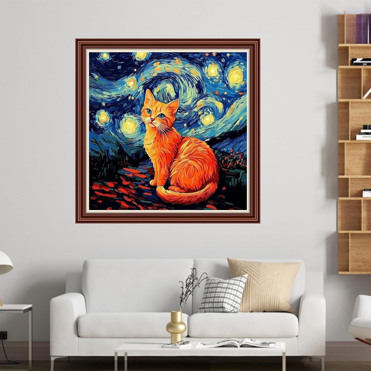 Dimensean Counted Cross Stitch Kit for Beginners, 11CT Unprinted Cross-Stitch Kit Easy Patterns Needlepoint Kit Cross Stitching Embroidery Kit Supplies-Cat Watching Van Gogh's Starry Sky 18x18 inch