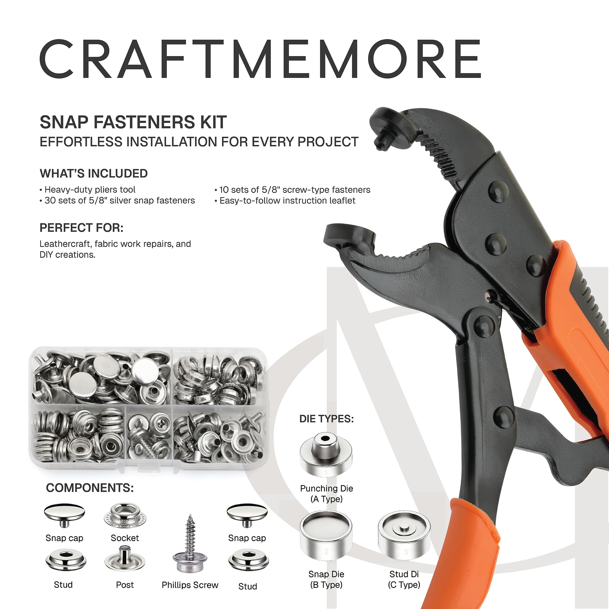 CRAFTMEMORE Kit de cierre a presión resistente, herramienta ajustable con 40 juegos de broches de metal, herramienta de instalación para cubiertas de barco, lienzo, lonas
