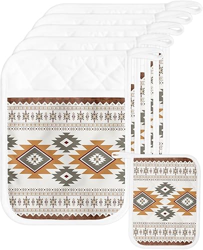 Miniatura 10 de Paquete de 5 soportes para ollas de bolsillo, almohadillas calientes geométricas del suroeste para cocina, aislantes de calor, color beige