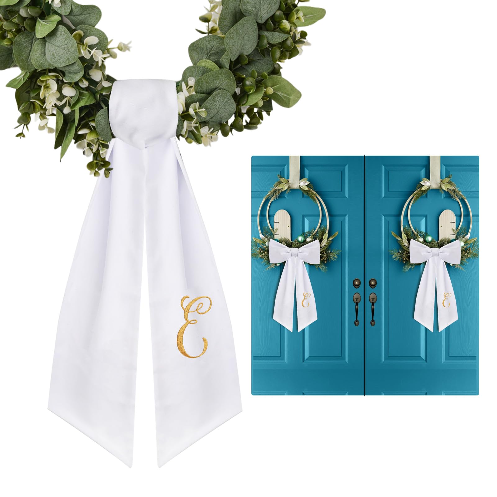 Photo 1 of 2 Pack Wreath Sash for Front Door Monogrammed Embroidery Wreath Sash for Boxwood Front Door Porch Wreath Garland Decor(Letter E)