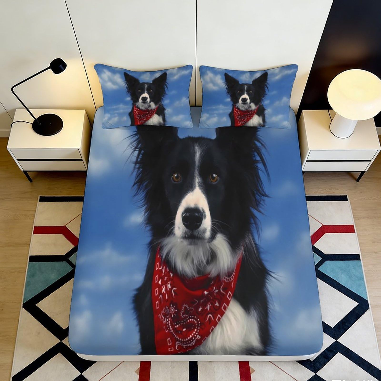 3D Printed Border Collie Dog Fitted Sheet Microfiber Soft Blue Sky Bed Cover for Bedroom Guest Room Decor 90x200x25cm