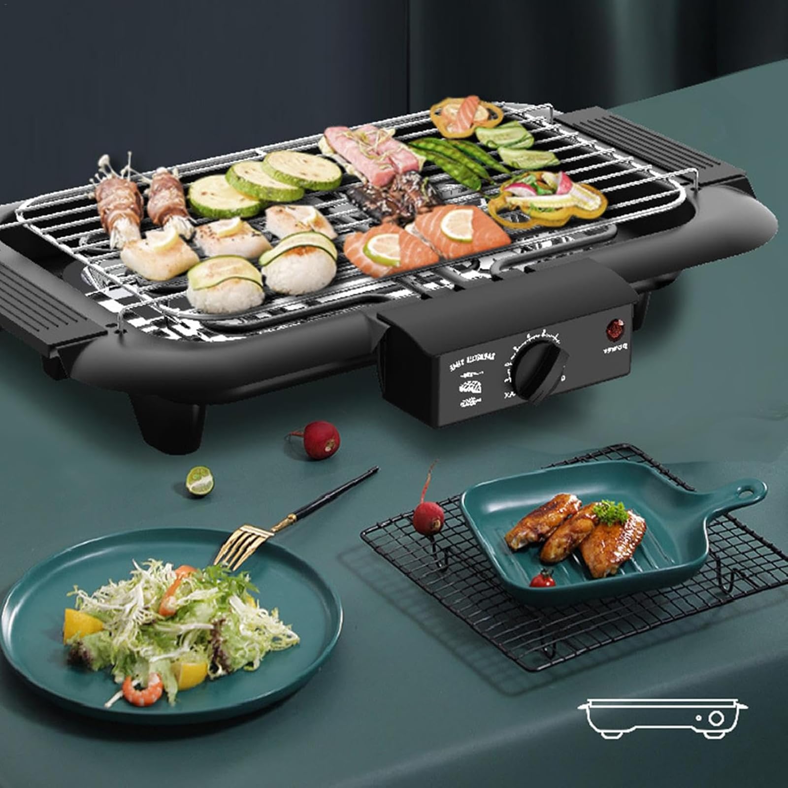 Elektryczny Grill, Bezdymna, Nieprzywierająca Płyta Do Grillowania Na Stole Z Wyjmowaną Tacką Ociekową, 7-stopniowa Regulacja Temperatury, Powłoka I Łatwe Czyszczenie