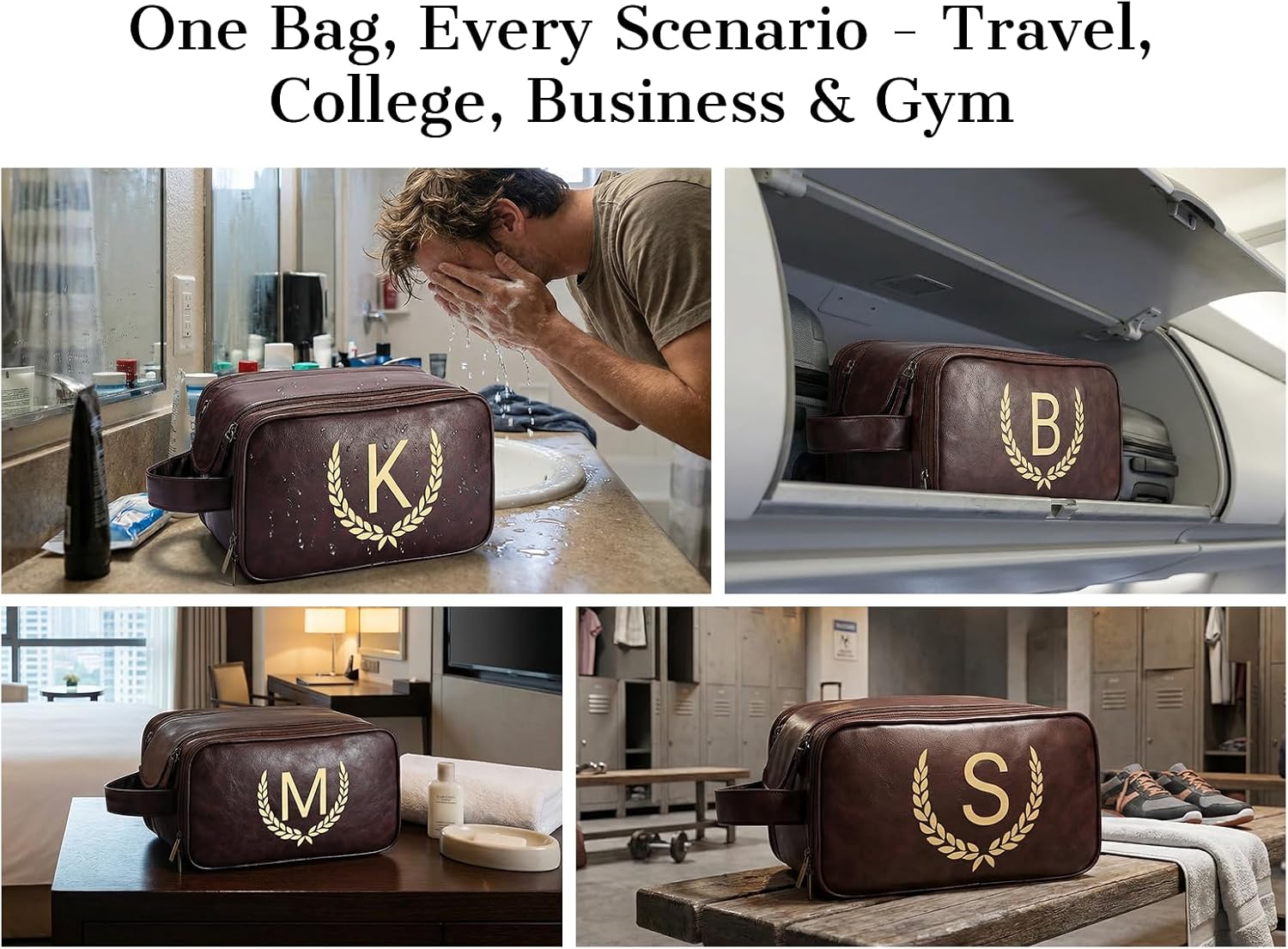 OXYEFEI Personalized Gifts for Men, Personalized Large Toiletry Bag for Men,Custom PU Leather Waterproof Mens Toiletry Travel with Initial Essential Dopp Kit Shaving Bag (D, Tea Brown)