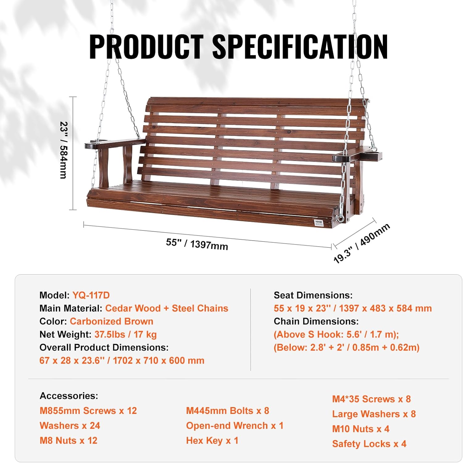VEVOR Wood Porch Swing 5.5FT, Patio Bench Swing for Courtyard & Garden, Upgraded 880 lbs Strong Load Capacity, Heavy Duty Swing Chair Bench with Hanging Chains for Outdoors, Brown