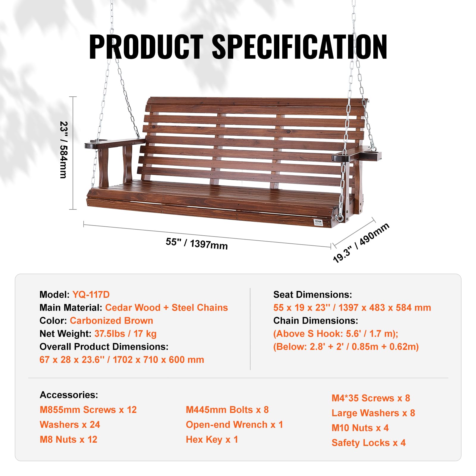 VEVOR Columpio de Madera para Porche 170x71x60cm, Columpio de Banco para Patio y Jardín, Capacidad de Carga Fuerte Mejorada de 880 Libras, Banco de Silla con Cadenas Colgantes para Exteriores, Marrón