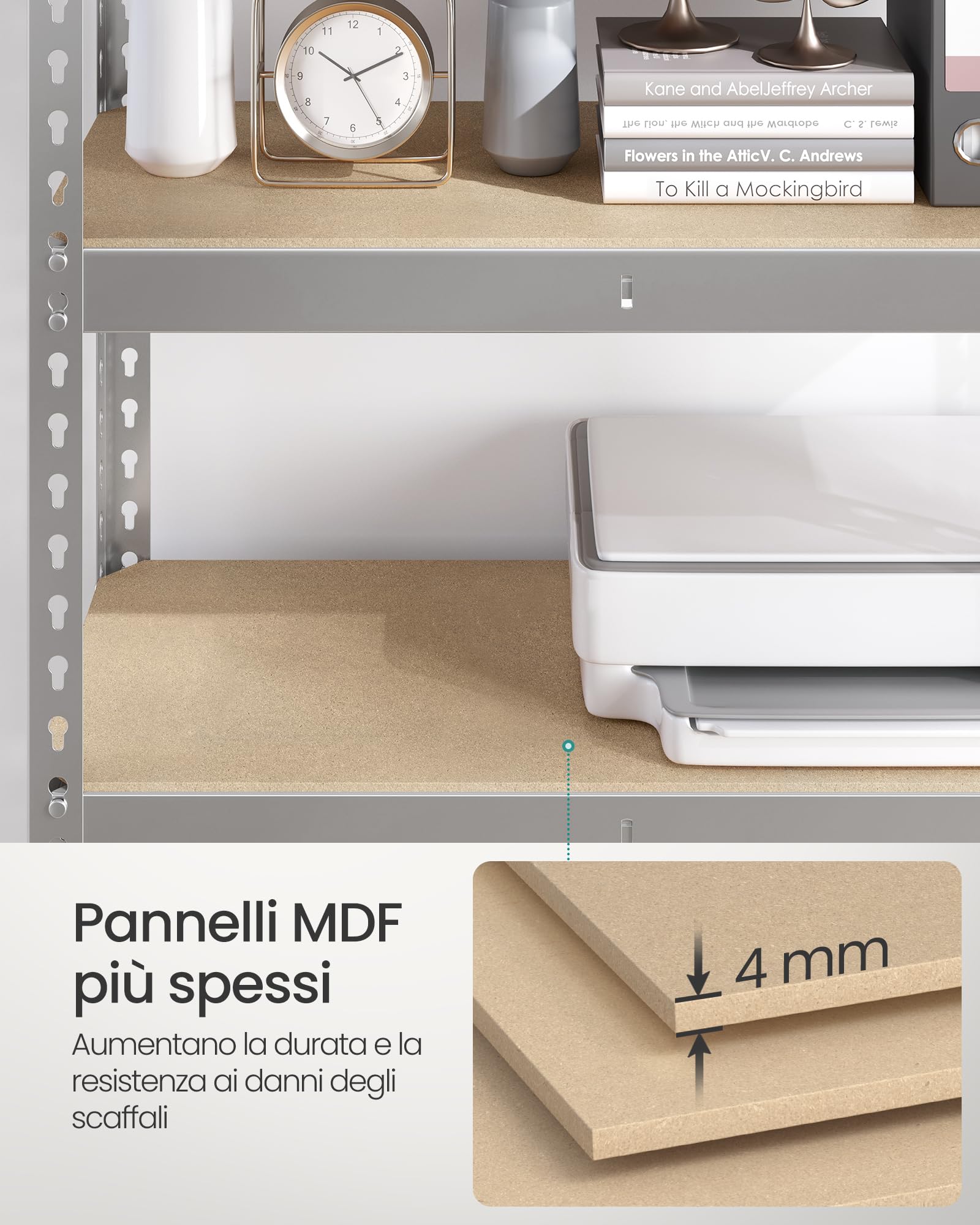 SONGMICS Scaffalatura a 5 Ripiani, Scaffale Portaoggetti, Montaggio Senza Bulloni, Ripiani Regolabili, 30 x 75 x 150 cm, Portante 875 kg, per Garage Magazzino Cantina, Argento GLR300E01